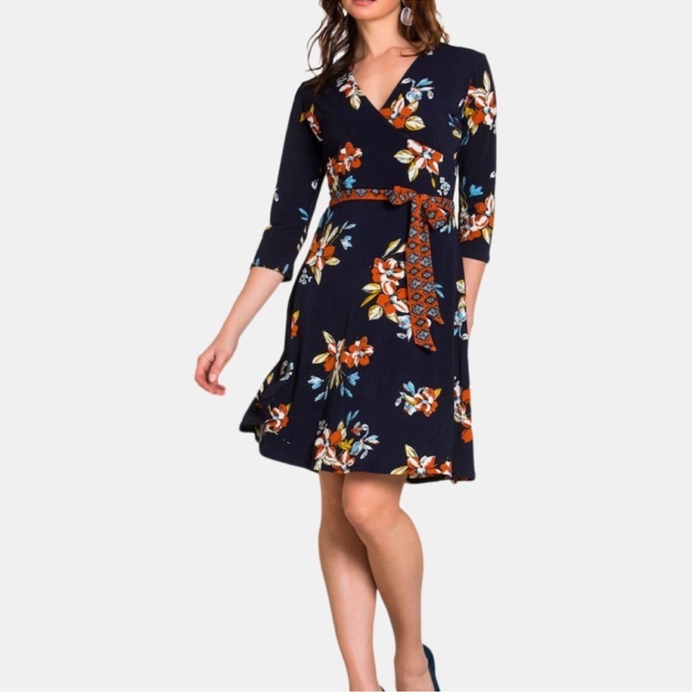 Leota Perfect Wrap Dress XXL Blue Orange Floral Faux Wrap Knee Length Midi